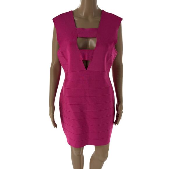 Herve Ledger Hot Pink Deep V Strappy Icon Cutout Bandage Mini Dress - Picture 4 of 12
